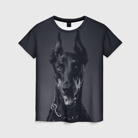 Женская футболка 3D с принтом Доберман , 100% полиэфир ( синтетическое хлопкоподобное полотно) | прямой крой, круглый вырез горловины, длина до линии бедер | Тематика изображения на принте: доберман | животное | порода | собака