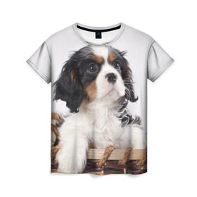 Женская футболка 3D с принтом Кинг чарльз спаниель , 100% полиэфир ( синтетическое хлопкоподобное полотно) | прямой крой, круглый вырез горловины, длина до линии бедер | животное | кинг чарльз спаниель | порода | собака