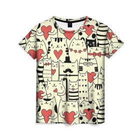 Женская футболка 3D с принтом Любящие котики , 100% полиэфир ( синтетическое хлопкоподобное полотно) | прямой крой, круглый вырез горловины, длина до линии бедер | 14 февраля | cat | love | love you | валентин | влюбленные | день святого валентина | кот | котики | лав | любовь | подарок девушке | подарок парню