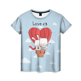 Женская футболка 3D с принтом Влюбленные на шаре , 100% полиэфир ( синтетическое хлопкоподобное полотно) | прямой крой, круглый вырез горловины, длина до линии бедер | 14 февраля | love | love you | валентин | влюбленные | день святого валентина | зайчики | заяц | лав | любовь | подарок девушке | подарок парню