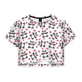 Женская футболка 3D укороченная с принтом Панда и любовь , 100% полиэстер | круглая горловина, длина футболки до линии талии, рукава с отворотами | 14 февраля | bears | love | love you | валентин | влюбленные | день святого валентина | лав | любовь | медведб | медведи | мишки | подарок девушке | подарок парню