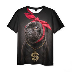 Мужская футболка 3D с принтом Мопс , 100% полиэфир | прямой крой, круглый вырез горловины, длина до линии бедер | доллар | животное | золото | мопс | порода | собака