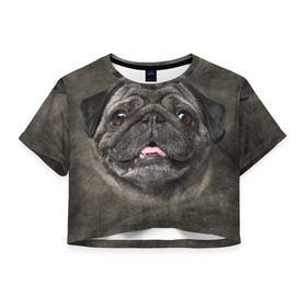 Женская футболка 3D укороченная с принтом Мопс , 100% полиэстер | круглая горловина, длина футболки до линии талии, рукава с отворотами | животное | мопс | порода | собака