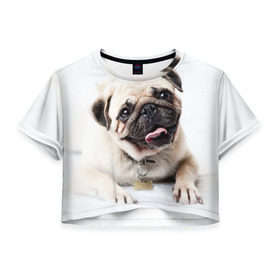 Женская футболка 3D укороченная с принтом Мопс , 100% полиэстер | круглая горловина, длина футболки до линии талии, рукава с отворотами | животное | мопс | порода | собака