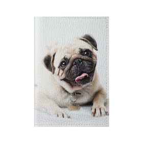 Обложка для паспорта матовая кожа с принтом Мопс , натуральная матовая кожа | размер 19,3 х 13,7 см; прозрачные пластиковые крепления | Тематика изображения на принте: животное | мопс | порода | собака