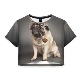 Женская футболка 3D укороченная с принтом Мопс в кепке , 100% полиэстер | круглая горловина, длина футболки до линии талии, рукава с отворотами | животное | мопс | порода | собака