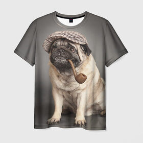 Мужская футболка 3D с принтом Мопс в кепке , 100% полиэфир | прямой крой, круглый вырез горловины, длина до линии бедер | животное | мопс | порода | собака