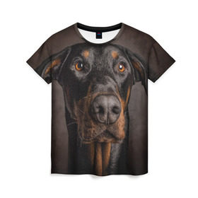 Женская футболка 3D с принтом Доберман , 100% полиэфир ( синтетическое хлопкоподобное полотно) | прямой крой, круглый вырез горловины, длина до линии бедер | доберман | животное | порода | собака