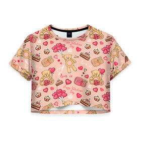 Женская футболка 3D укороченная с принтом Медвежата , 100% полиэстер | круглая горловина, длина футболки до линии талии, рукава с отворотами | 14 февраля | bears | teddy | валентин | день святого валентина | игрушки | медведи | милый | мимими | мишка | мишки | подарки | подарок | подарок девушке | подарок парню | тедди
