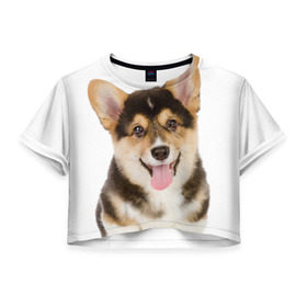 Женская футболка 3D укороченная с принтом Пемброк-вельш-корги , 100% полиэстер | круглая горловина, длина футболки до линии талии, рукава с отворотами | животное | пемброк вельш корги | порода | собака