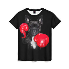 Женская футболка 3D с принтом Французский бульдог , 100% полиэфир ( синтетическое хлопкоподобное полотно) | прямой крой, круглый вырез горловины, длина до линии бедер | бокс | перчатки | собака | французский бульдог
