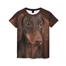 Женская футболка 3D с принтом Такса , 100% полиэфир ( синтетическое хлопкоподобное полотно) | прямой крой, круглый вырез горловины, длина до линии бедер | животное | порода | собака | такса