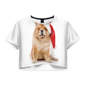 Женская футболка 3D укороченная с принтом Чау-чау , 100% полиэстер | круглая горловина, длина футболки до линии талии, рукава с отворотами | новый год | санта клаус | собака | чау чау