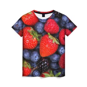 Женская футболка 3D с принтом Berries , 100% полиэфир ( синтетическое хлопкоподобное полотно) | прямой крой, круглый вырез горловины, длина до линии бедер | strawberry | vegan | vegetarian | веган | вегетарианство | земляника | йога | клубника | фитнес | черника | ягода