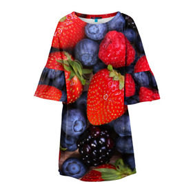 Детское платье 3D с принтом Berries , 100% полиэстер | прямой силуэт, чуть расширенный к низу. Круглая горловина, на рукавах — воланы | strawberry | vegan | vegetarian | веган | вегетарианство | земляника | йога | клубника | фитнес | черника | ягода