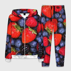 Мужской костюм 3D с принтом Berries , 100% полиэстер | Манжеты и пояс оформлены тканевой резинкой, двухслойный капюшон со шнурком для регулировки, карманы спереди | Тематика изображения на принте: strawberry | vegan | vegetarian | веган | вегетарианство | земляника | йога | клубника | фитнес | черника | ягода