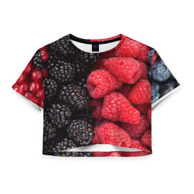 Женская футболка 3D укороченная с принтом Ягодная , 100% полиэстер | круглая горловина, длина футболки до линии талии, рукава с отворотами | strawberry | vegan | vegetarian | будизм | веган | вегетарианство | земляника | йога | клубника | клюква | фитнес | черника | ягода