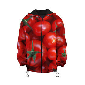Детская куртка 3D с принтом Томатная , 100% полиэстер | застежка — молния, подол и капюшон оформлены резинкой с фиксаторами, по бокам — два кармана без застежек, один потайной карман на груди, плотность верхнего слоя — 90 г/м2; плотность флисового подклада — 260 г/м2 | Тематика изображения на принте: tomato | vegan | vegetarian | будизм | веган | вегетарианство | йога | помидор | сыроедение | томат | фитнес | ягода