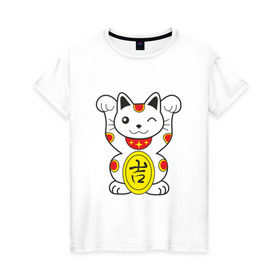 Женская футболка хлопок с принтом Японский котик , 100% хлопок | прямой крой, круглый вырез горловины, длина до линии бедер, слегка спущенное плечо | иероглиф | кот | япония