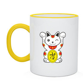 Кружка двухцветная с принтом Японский котик , керамика | объем — 330 мл, диаметр — 80 мм. Цветная ручка и кайма сверху, в некоторых цветах — вся внутренняя часть | иероглиф | кот | япония