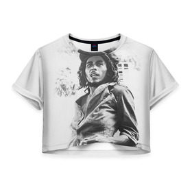 Женская футболка 3D укороченная с принтом Боб Марли 1 , 100% полиэстер | круглая горловина, длина футболки до линии талии, рукава с отворотами | bob marley | боб марли | музыка | регги