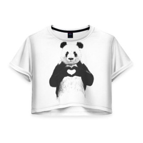 Женская футболка 3D укороченная с принтом Панда Love , 100% полиэстер | круглая горловина, длина футболки до линии талии, рукава с отворотами | панда