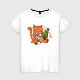 Женская футболка хлопок с принтом Довольный кот с бутылкой , 100% хлопок | прямой крой, круглый вырез горловины, длина до линии бедер, слегка спущенное плечо | 