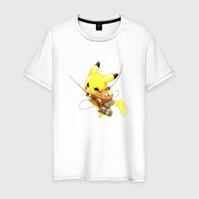 Мужская футболка хлопок с принтом Attack on Titan - Pikachu , 100% хлопок | прямой крой, круглый вырез горловины, длина до линии бедер, слегка спущенное плечо. | 