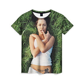 Женская футболка 3D с принтом Джоли Анджелина , 100% полиэфир ( синтетическое хлопкоподобное полотно) | прямой крой, круглый вырез горловины, длина до линии бедер | Тематика изображения на принте: анджелина | девушка | джоли | лежит | тату