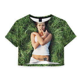 Женская футболка 3D укороченная с принтом Джоли Анджелина , 100% полиэстер | круглая горловина, длина футболки до линии талии, рукава с отворотами | Тематика изображения на принте: анджелина | девушка | джоли | лежит | тату