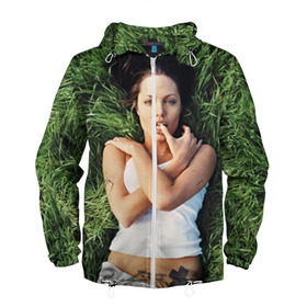 Мужская ветровка 3D с принтом Джоли Анджелина , 100% полиэстер | подол и капюшон оформлены резинкой с фиксаторами, два кармана без застежек по бокам, один потайной карман на груди | анджелина | девушка | джоли | лежит | тату