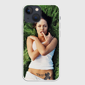 Чехол для iPhone 13 mini с принтом Джоли Анджелина ,  |  | Тематика изображения на принте: анджелина | девушка | джоли | лежит | тату