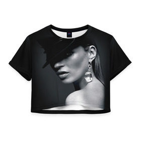 Женская футболка 3D укороченная с принтом Девушка в шляпе , 100% полиэстер | круглая горловина, длина футболки до линии талии, рукава с отворотами | бриллиант | девушка | красивая | серьга | шляпа