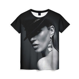 Женская футболка 3D с принтом Девушка в шляпе , 100% полиэфир ( синтетическое хлопкоподобное полотно) | прямой крой, круглый вырез горловины, длина до линии бедер | бриллиант | девушка | красивая | серьга | шляпа