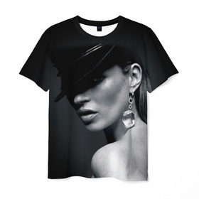 Мужская футболка 3D с принтом Девушка в шляпе , 100% полиэфир | прямой крой, круглый вырез горловины, длина до линии бедер | бриллиант | девушка | красивая | серьга | шляпа