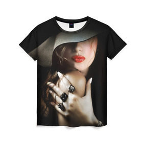 Женская футболка 3D с принтом Загадочная девушка , 100% полиэфир ( синтетическое хлопкоподобное полотно) | прямой крой, круглый вырез горловины, длина до линии бедер | губы | девушка | загадочная | перстни | шляпа