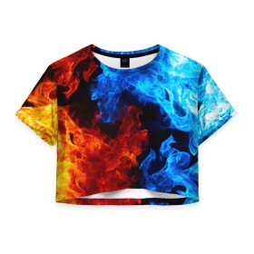 Женская футболка 3D укороченная с принтом Битва огней , 100% полиэстер | круглая горловина, длина футболки до линии талии, рукава с отворотами | огонь