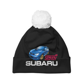 Шапка 3D c помпоном с принтом Subaru STI , 100% полиэстер | универсальный размер, печать по всей поверхности изделия | 