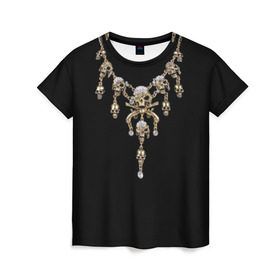 Женская футболка 3D с принтом Золотые черепа , 100% полиэфир ( синтетическое хлопкоподобное полотно) | прямой крой, круглый вырез горловины, длина до линии бедер | 13 | бриллианты | драгоценность | золото | золотые черепа | оружие | пираты | пистолеты | тринадцать | украшение | цепь