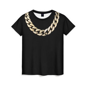 Женская футболка 3D с принтом Золотая цепь , 100% полиэфир ( синтетическое хлопкоподобное полотно) | прямой крой, круглый вырез горловины, длина до линии бедер | драгоценность | золотая цепь | золото | украшение | фон | черный