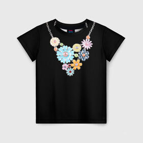Детская футболка 3D с принтом Ожерелье , 100% гипоаллергенный полиэфир | прямой крой, круглый вырез горловины, длина до линии бедер, чуть спущенное плечо, ткань немного тянется | белое | бижутерия | бусы | золото | камни | ожерелье | украшение | цветы | цепь