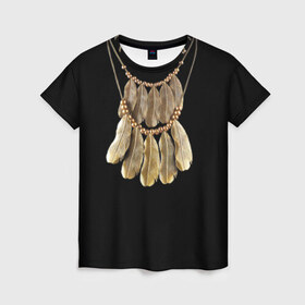 Женская футболка 3D с принтом Золотые перья , 100% полиэфир ( синтетическое хлопкоподобное полотно) | прямой крой, круглый вырез горловины, длина до линии бедер | бусы | драгоценность | золото | золотые перья | украшение | цепь