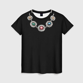 Женская футболка 3D с принтом Ожерелье , 100% полиэфир ( синтетическое хлопкоподобное полотно) | прямой крой, круглый вырез горловины, длина до линии бедер | бриллианты | драгоценность | золото | золотое | камни | ожерелье | цепь