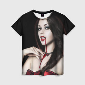 Женская футболка 3D с принтом Девушка вампир , 100% полиэфир ( синтетическое хлопкоподобное полотно) | прямой крой, круглый вырез горловины, длина до линии бедер | кровь