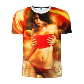 Мужская футболка 3D спортивная с принтом Огненная девушка , 100% полиэстер с улучшенными характеристиками | приталенный силуэт, круглая горловина, широкие плечи, сужается к линии бедра | брюнетка | ветер | вихрь | девушка | красный | огненная | огонь | страсть