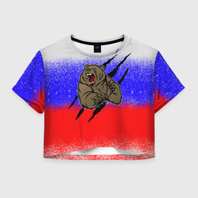 Женская футболка 3D укороченная с принтом Свирепый медведь , 100% полиэстер | круглая горловина, длина футболки до линии талии, рукава с отворотами | русь