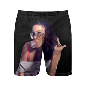 Мужские шорты 3D спортивные с принтом Девушка с жвачкой ,  |  | взгляд | девушка | жвачка | жевательная | очки | палец | перстень | показывает | пузырь | резинка | средний