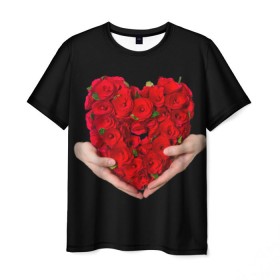 Мужская футболка 3D с принтом Сердце в руках , 100% полиэфир | прямой крой, круглый вырез горловины, длина до линии бедер | 8 марта | любовь | подарок | праздник | розы | руки | сердце