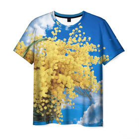 Мужская футболка 3D с принтом Мимозы , 100% полиэфир | прямой крой, круглый вырез горловины, длина до линии бедер | 8 марта | весна | мимозы | небо | облака | цветы