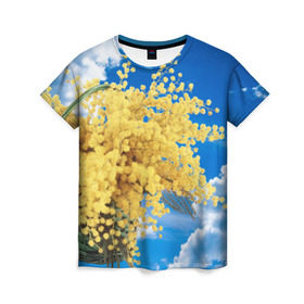 Женская футболка 3D с принтом Мимозы , 100% полиэфир ( синтетическое хлопкоподобное полотно) | прямой крой, круглый вырез горловины, длина до линии бедер | 8 марта | весна | мимозы | небо | облака | цветы